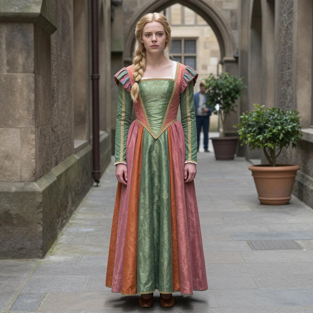 Woman in Renaissance Style Dress Standing in Historic Courtyard