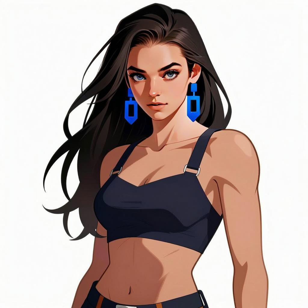 Digital Portrait of Confident Woman in Black Crop Top with Blue Earrings