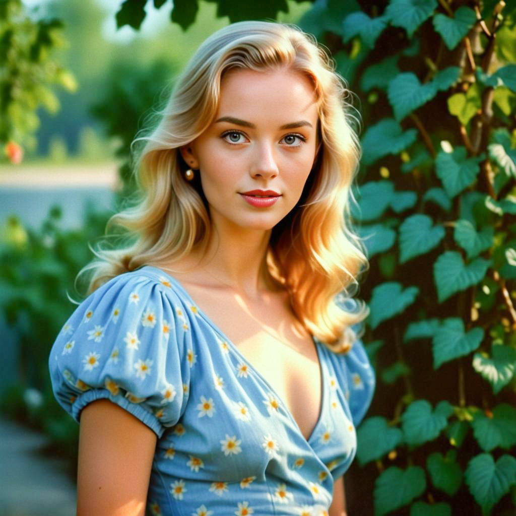 Young Woman in Floral Attire Amidst Greenery