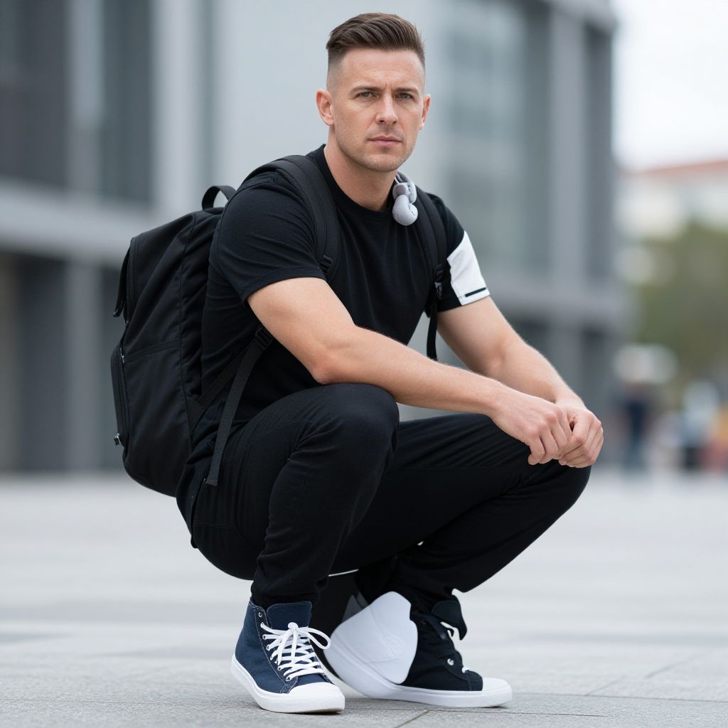 Young Man in Black Casual Outfit with Backpack and Headphones Outdoors