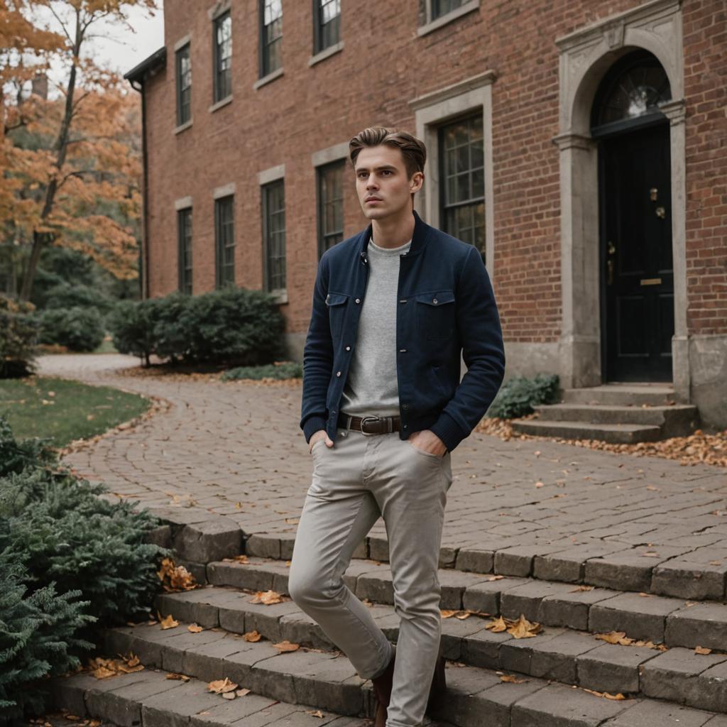 Stylish Man on Steps Outside Classic Brick Building