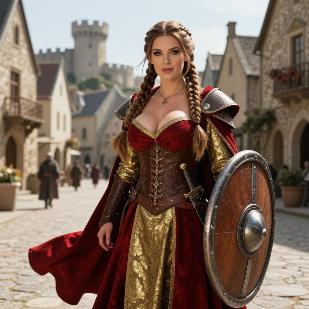 Medieval Fantasy Woman Warrior in Red and Gold Armor with Shield on Village Street
