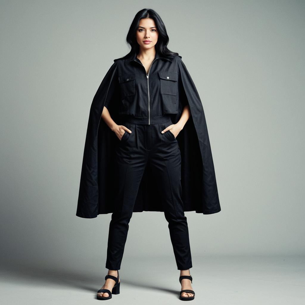 Woman in Stylish Black Jumpsuit with Cape and Pockets