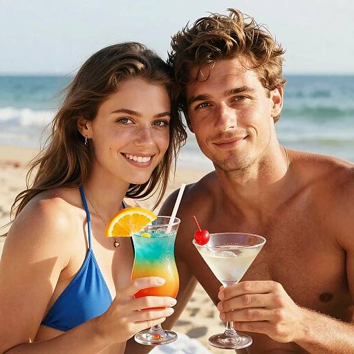 Young Couple Enjoying Tropical Cocktails on the Beach
