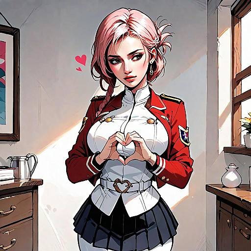 Anime Style Woman in Red Military Jacket Making Heart Gesture
