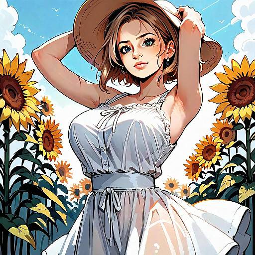 Anime Style Young Woman in Sunflower Field Wearing White Dress and Hat