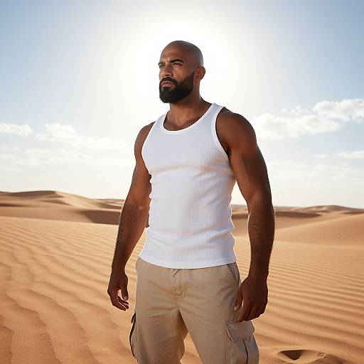 Muscular Bearded Man in White Tank Top Standing in Desert Landscape