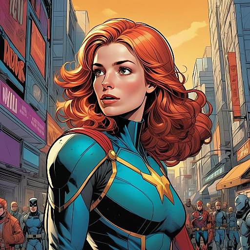 Red-Haired Woman Superhero in Blue Costume Standing in Cityscape Comic Art