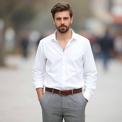 Young Man in White Shirt and Gray Checked Trousers Casual Fashion Portrait