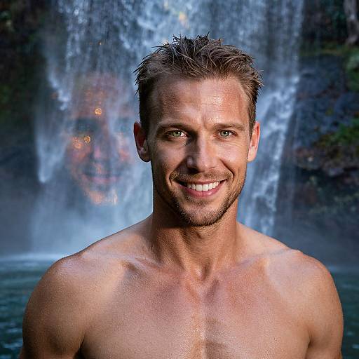 Smiling Shirtless Man by Waterfall in Natural Outdoor Setting