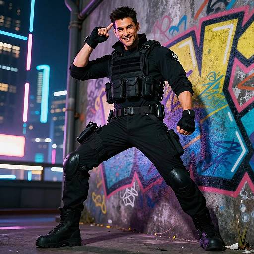 Energetic Man in Tactical Gear Posing by Graffiti Wall in Urban Night Setting