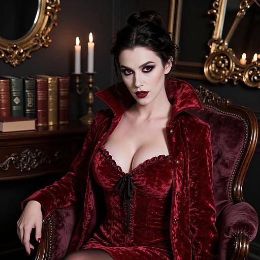 Gothic Woman in Red Velvet Corset Dress in Vintage Room