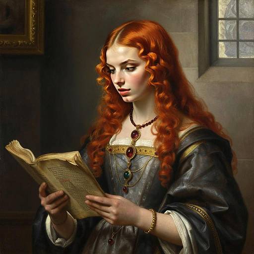 Renaissance Style Portrait of a Young Woman Reading a Vintage Book