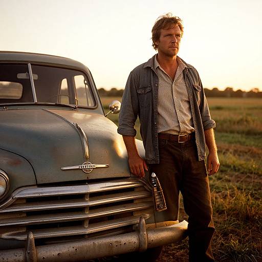 Man in Denim Jacket by Vintage Dodge Truck at Sunset in Rural Field