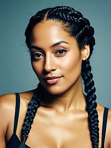 Close-up Portrait of Woman with Long Braided Hair and Blue Eyes