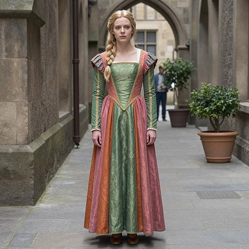 Woman in Renaissance Style Dress Standing in Historic Courtyard