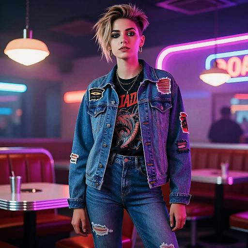 Trendy Gen Z Woman in Distressed Denim Jacket and Neon Diner