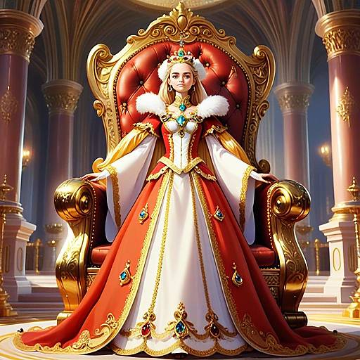 Regal Woman in Ornate Gown Seated on Golden Throne in Grand Palace