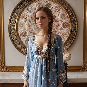 Young Woman in Blue Dress with Floral Embroidery