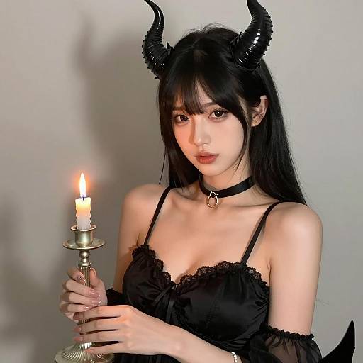 Gothic Woman with Black Horns Holding Lit Candle in Candle Holder