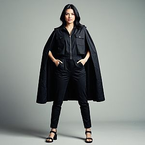 Woman in Stylish Black Jumpsuit with Cape and Pockets