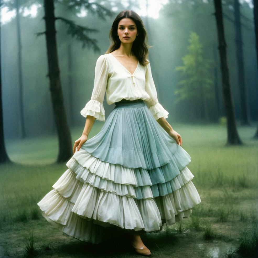 Elegant Woman in Misty Forest with Pastel Skirt