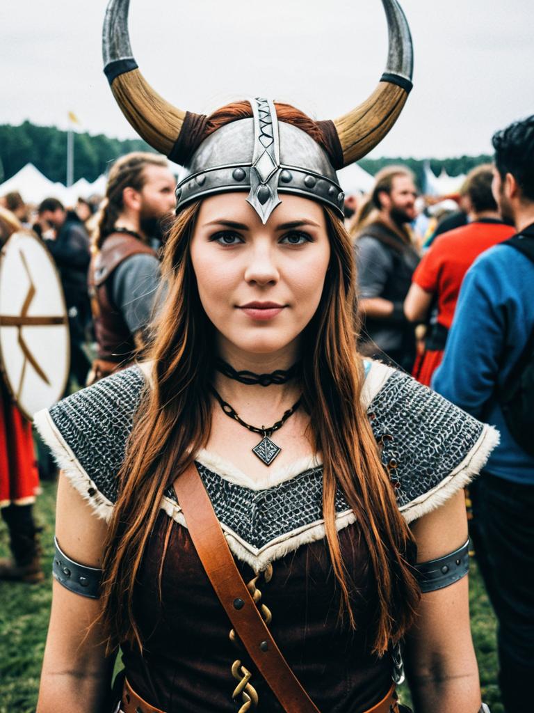 Woman in Viking Costume Candid Cosplay Portrait at Festival