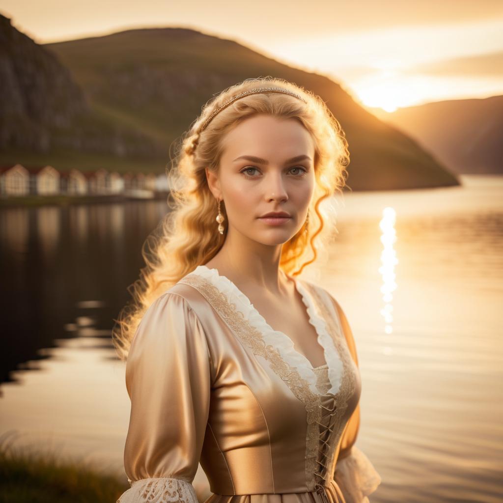 Woman in Vintage Golden Dress by Sunset Waterbody