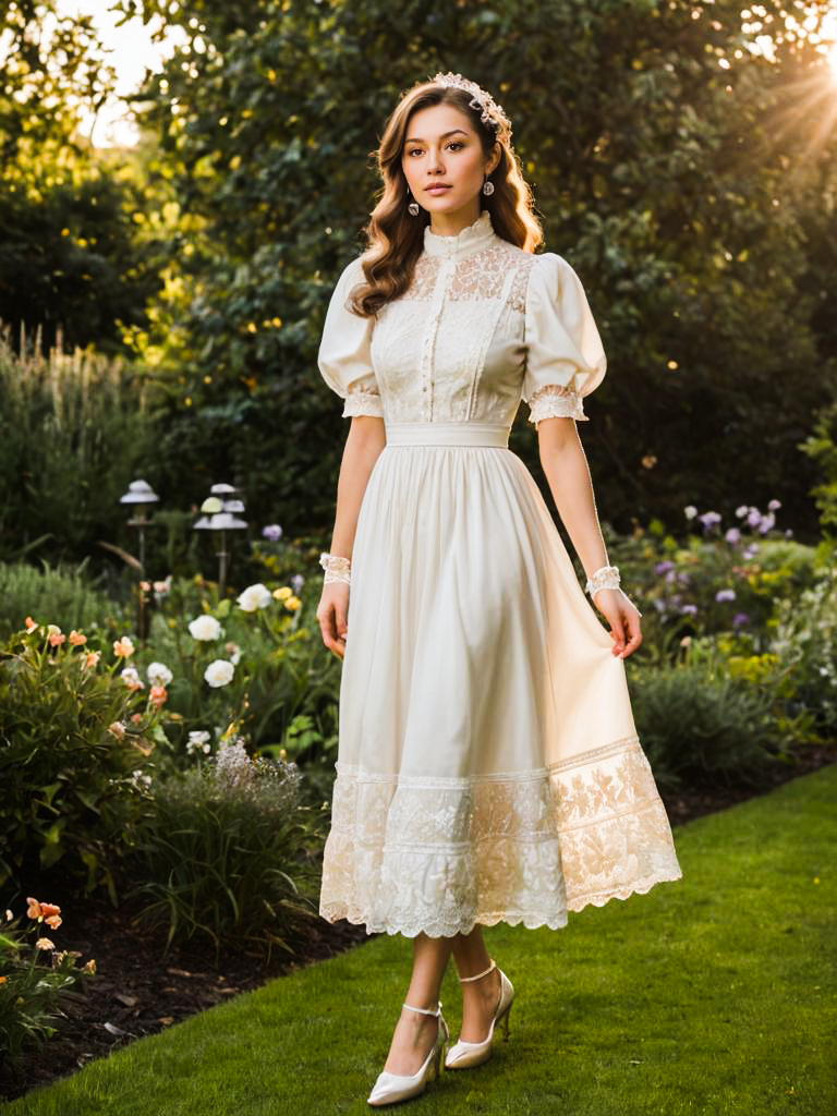 Elegant Woman in Vintage Dress in Blooming Garden