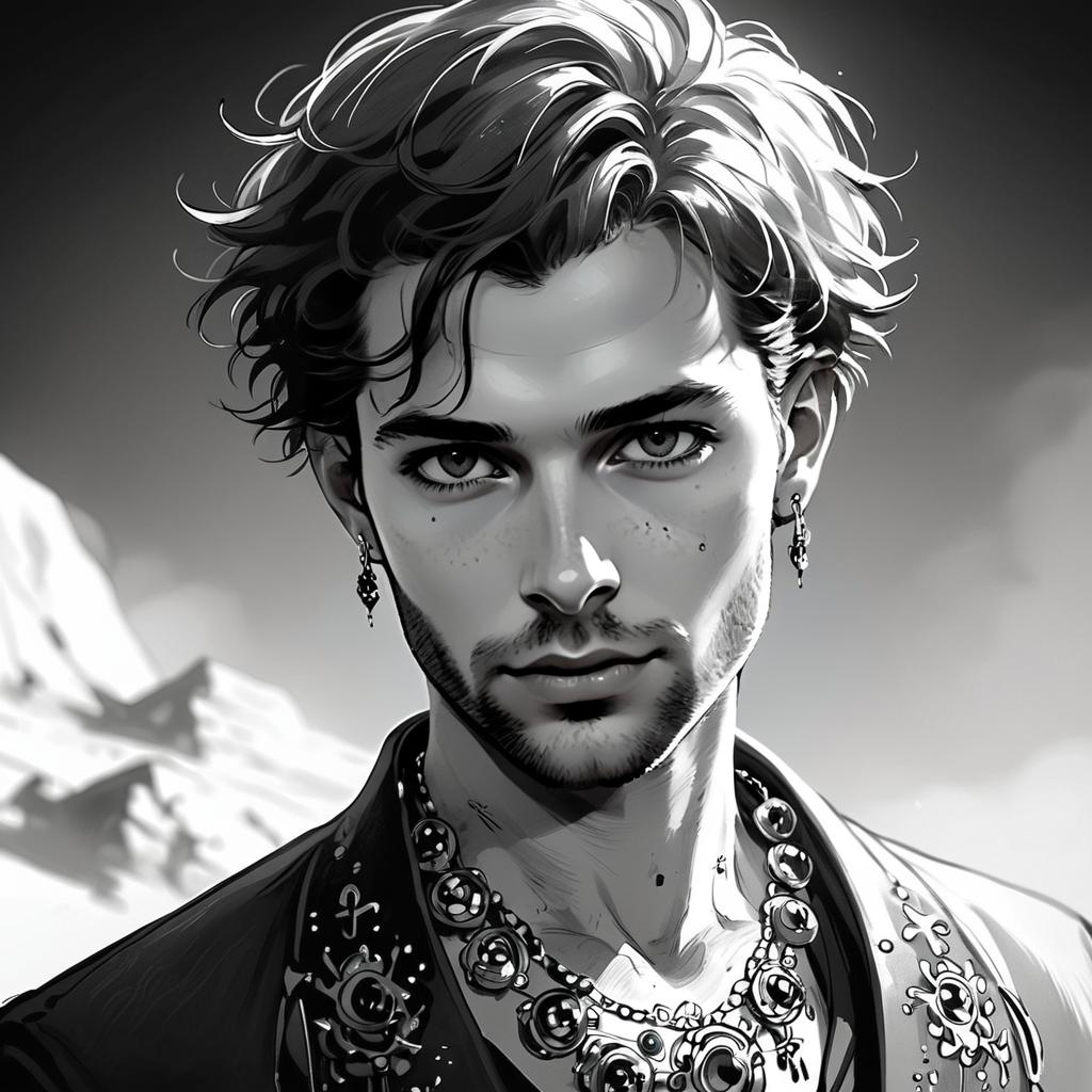 Stylish Young Man with Jewelry in Black and White