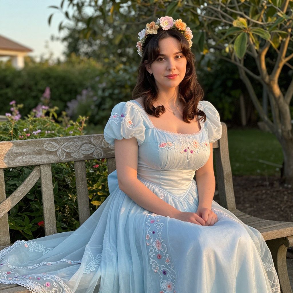 Young Woman in Vintage Blue Floral Dress Sitting on Garden Bench