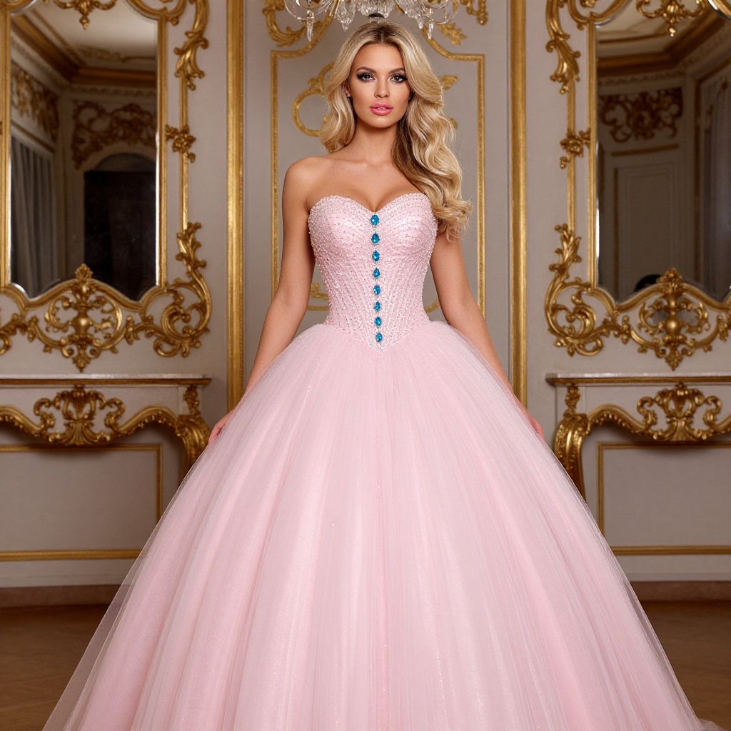 Elegant Woman in Pink Ball Gown with Jeweled Bodice in Luxurious Interior