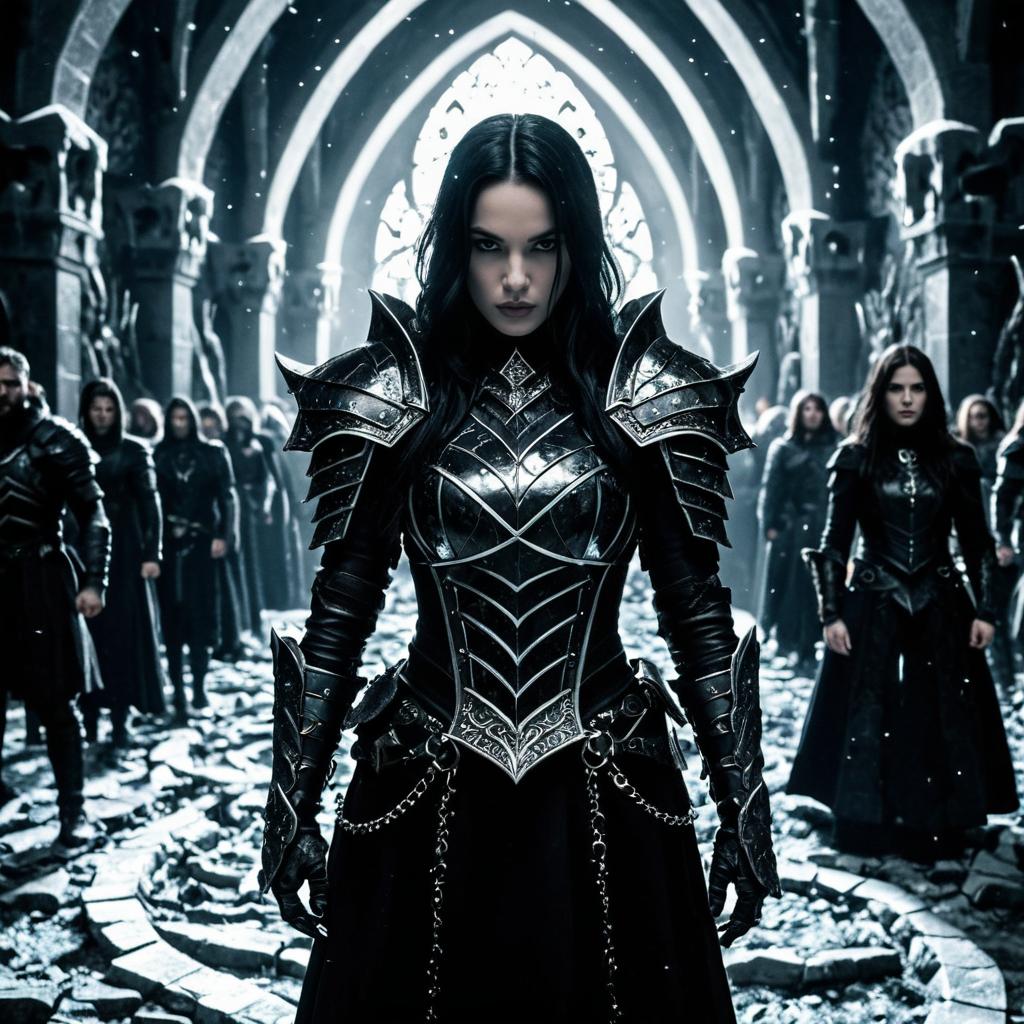 Dark Fantasy Woman Warrior in Gothic Armor Leading an Army
