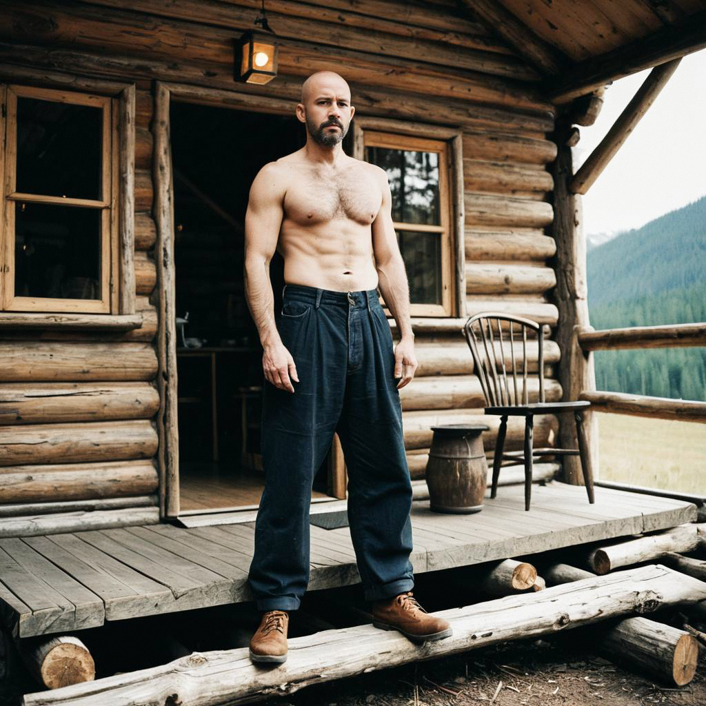 Confident Shirtless Man on Rustic Porch
