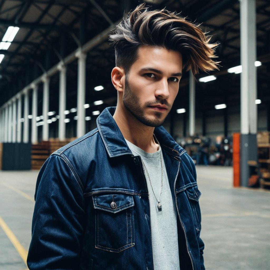 Stylish Young Man in Denim Jacket in Industrial Warehouse