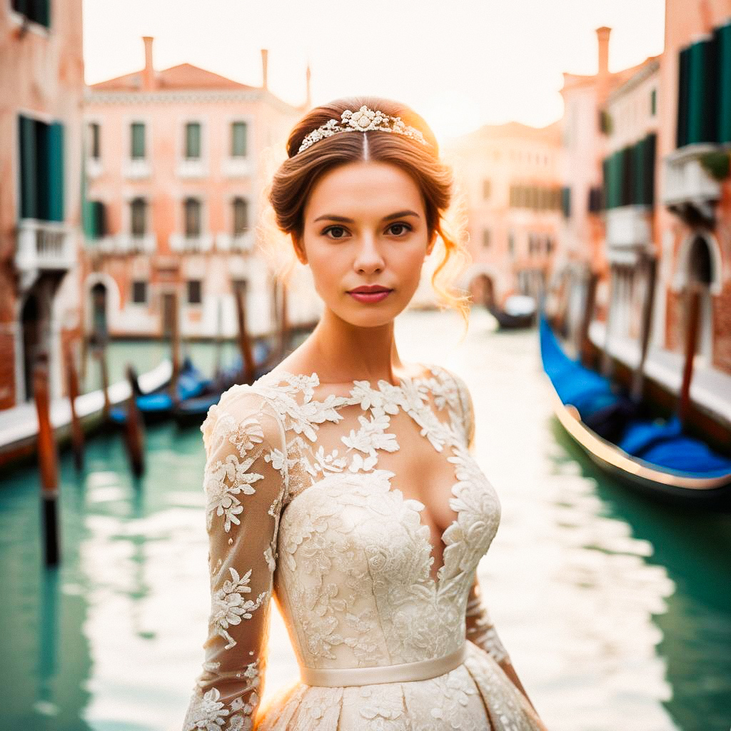 Woman in Lace Wedding Dress by Venetian Canal at Sunset Woman in Lace Wedding Dress by Venetian Canal at Sunset