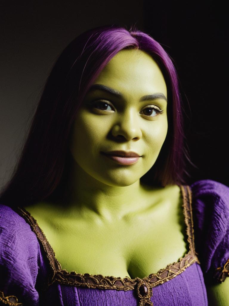 Woman in Purple Dress with Shrek Costume Close-Up Portrait