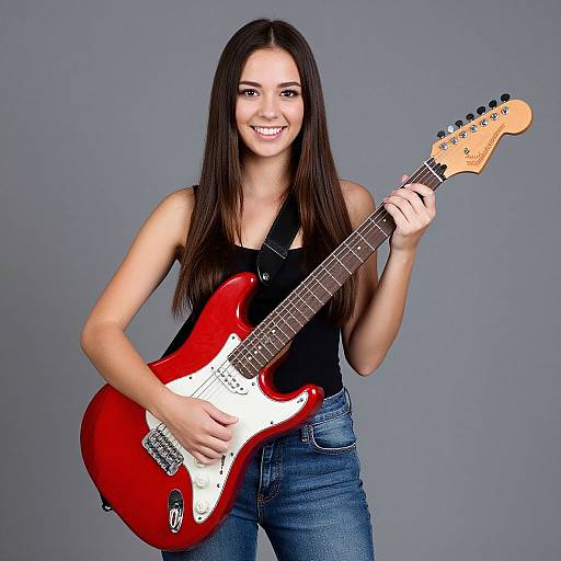 Young Woman Playing Red Electric Guitar Casual Portrait