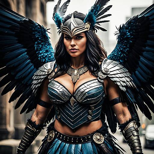 Valkyrie Woman Warrior in Feathered Armor with Black Wings