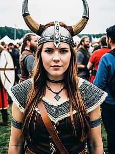 Woman in Viking Costume Candid Cosplay Portrait at Festival