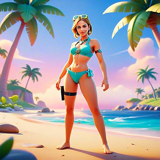 Young Woman in Turquoise Bikini on Tropical Beach – Digital Art Illustration