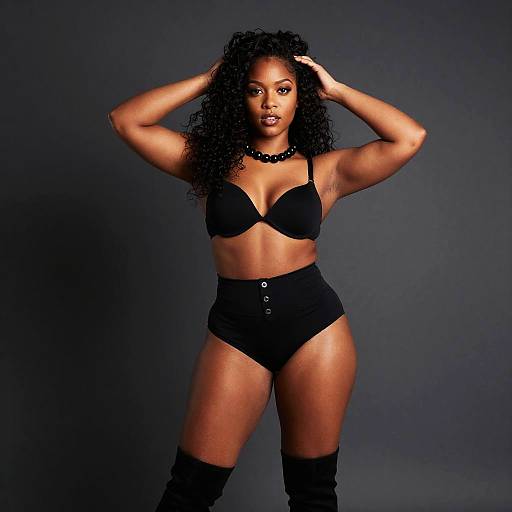 Confident Woman in Black Lingerie and High-Waisted Shorts with Thigh-High Boots