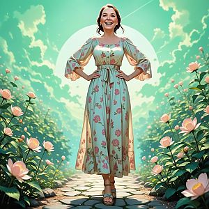 Cheerful Woman in Floral Garden Path