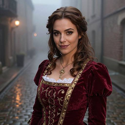 Woman in Renaissance Velvet Gown on Foggy Cobblestone Street