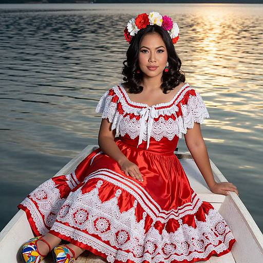 Mexican Woman in Traditional Red Folkloric Dress by the Water