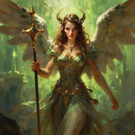 Fantasy Angelic Warrior Woman with Wings and Staff Artwork