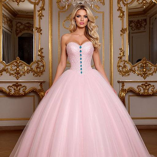 Elegant Woman in Pink Ball Gown with Jeweled Bodice in Luxurious Interior