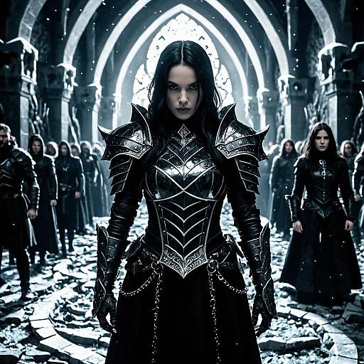 Dark Fantasy Woman Warrior in Gothic Armor Leading an Army