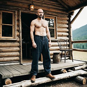 Confident Shirtless Man on Rustic Porch
