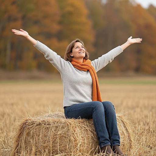 Happy Woman Sitting on Hay Bale in Autumn Field